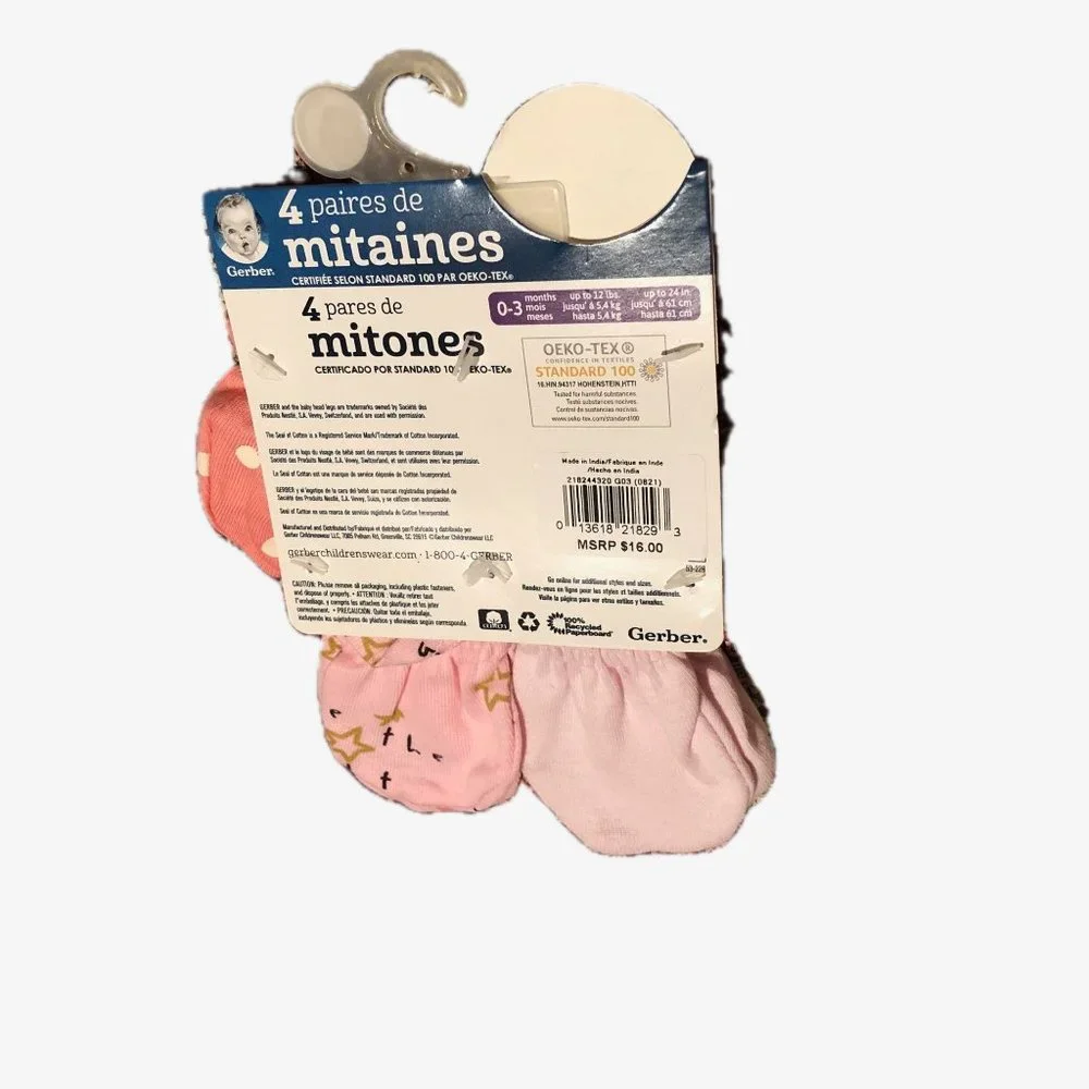 Gerber Anti-Scratch Mittens Girl Pink 4 Pack Cotton Sz 0-3 M Up to 12 lbs
